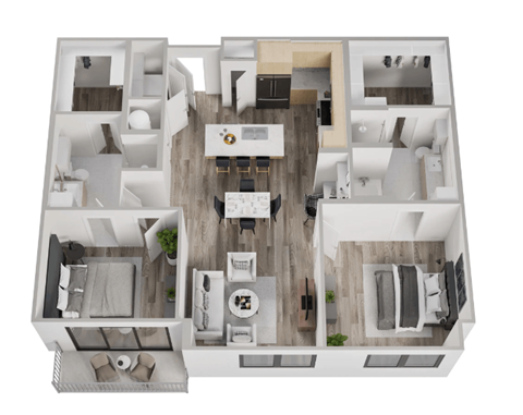 a floor plan of a bedroom apartment with wood flooring